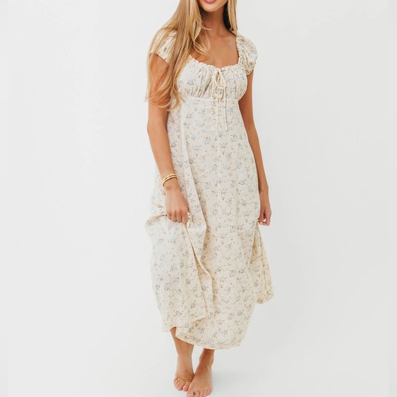 Worth Collective Marley Floral Print Cottage Midi Dress Ivory Blue Sz M - Picture 13 of 14